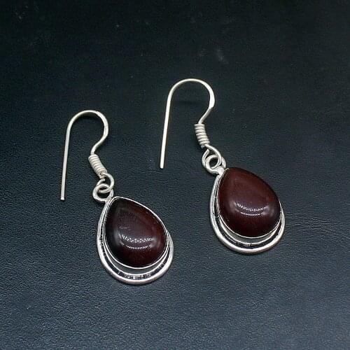 Hermosa Elegant Antique Teardrop Red Carnelian Silver Color Jewelry Gifts Dangle Drop Earrings for Women Girls 1 3/8 Inch FQ263
