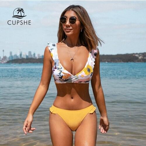 CUPSHE Ruffled Wrap Low-waist Bikini Sets Swimsuit Women Sexy Yellow Floral Lace Up Two Pieces Swimwear 2021 Beach Bathing Suits