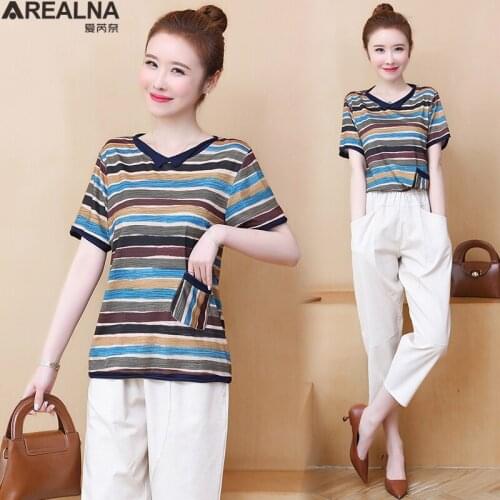 2021 fashion womens two piece set short sleeve Striped T-shirt + cropped trousers plus size 2 piece sets womens outfits L-5XL