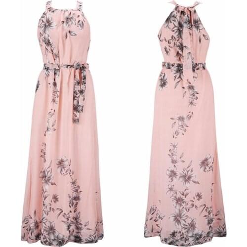 2021 Women Chiffon Dresses Elegant Beach Dress Floral Print Halter Tunic Sleeveless Dress Long Maxi Party Boho Vestidos Clothes