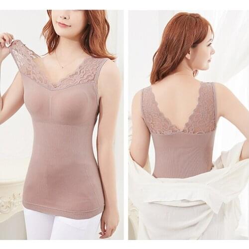 Women Winter Thermal Underwear Velvet Vest With Detachable Chest Pad Thick Warm Soft Stretch Tops Sexy Lace Trim Thermal Vest