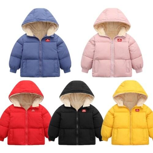 Winter Childrens Hooded Casual Jacket Boys And Girls Pure Color Thick And Velvet Short Coat 1-5 Years Old