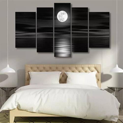 Canvas Wall Art 5 Pieces Hd Prints Bright Full Moon Picture Modern Decorative Framed Home Living Room Decoration Paintings