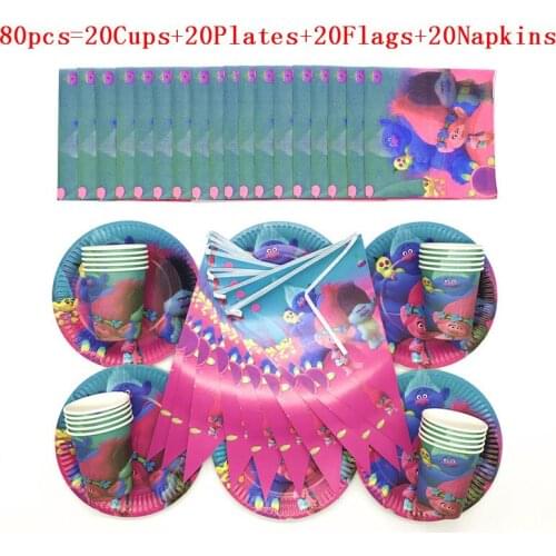 50Pcs/80Pcs Disposable Tableware Sets Cup Plate Flag Cartoon Trolls Theme Baby Shower Kid Birthday Banners Decoration Supplies