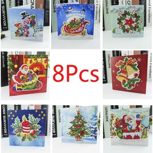 New 8pcs 5D Diy Diamond Painting Christmas Card Snowman Santaclus Bell New Year Gift For Friend Family Classmate