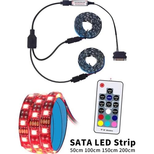 DC12V SATA Power Supply LED Strip Flexible Light with RF Remote Controller for PC Computer Case 1 to 2 5050 RGB 50/100/150/200cm