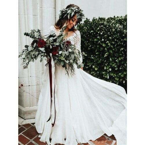 2 Pieces Bohemian Wedding Dresses Lace Top 3/4 Sleeve Ruffles Tulle Boho Bridal Gowns 2020 Spring Summer Design Customize