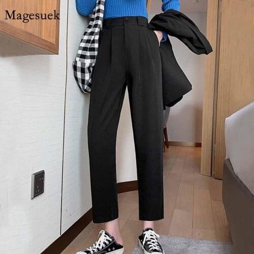 Korean Thin Button Plus Size Professional Straight Loose Pants OL Women Suit Pants Spring Autumn Thin Solid Black Trouser 12110