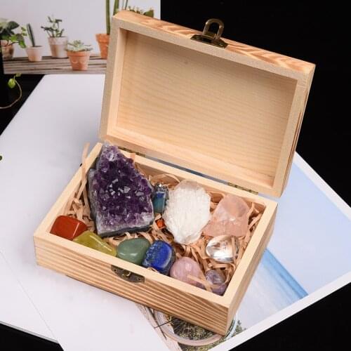 Crystals and Stones with Wooden Display Box Quartz Mineral Ornaments Home Decoration Gifts