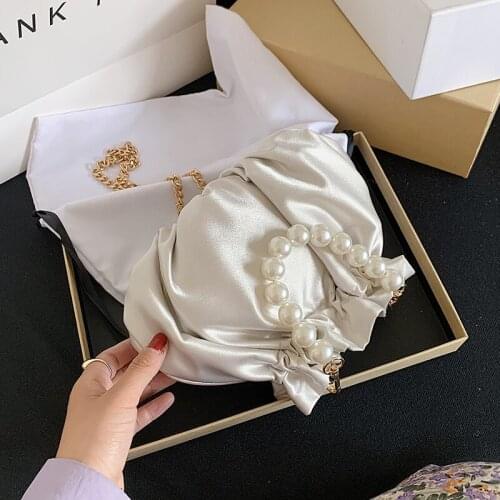 Small silk Drawstring Crossbody Bags For Women 2020 Elegant Bucket Bags Shoulder Handbags Female Travel Pearl Cross Body Bag