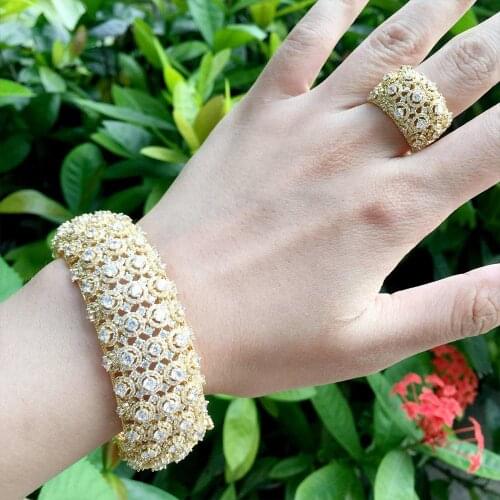 ModemAngel Delicate Shiny Flowers Unique African Bangle Ring Set Jewelry Sets For Women Wedding Cubic Zircon Crystal CZ