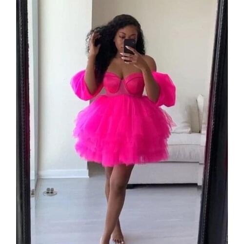 Fashion Hot Pink Bustier Top Ball Gown Woman Dress for Evening Party Off The Shoulder Tiered Sweet Mini vestidos Prom Gowns 2020