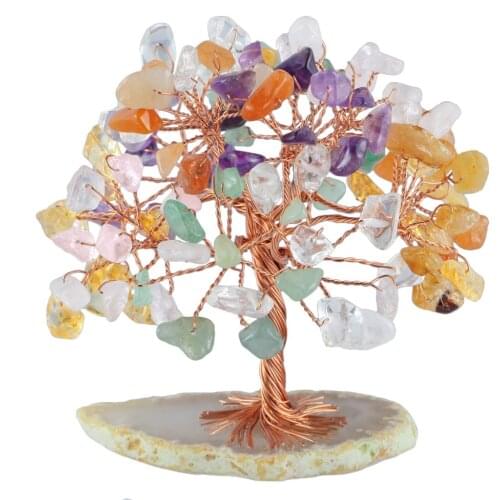 TUMBEELLUWA Natural Crystal Tree,Agate Slices Base Bonsai Money Tree Sculpture Figurine for Good Luck Wealth Health
