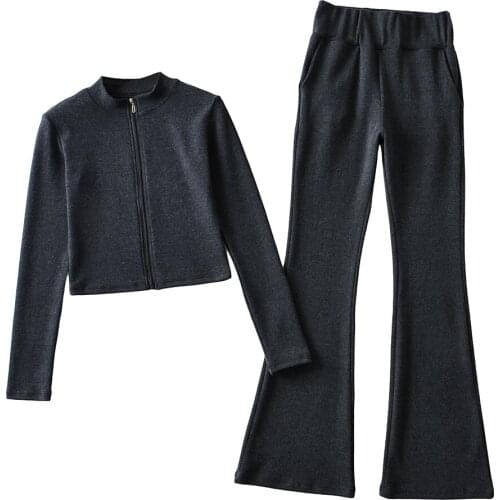 High street style ins stand-up collar slim slimming long-sleeved shirt with high waist straight leg pants and micro flared pants