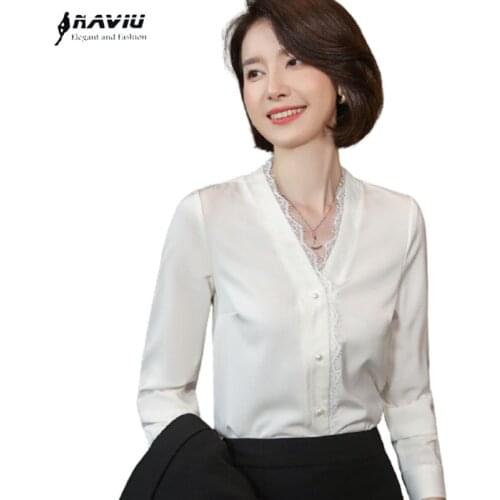 Professional Black White V Neck Long Sleeve Shirt Women New Spring Lace Edge Casual Blouses Office Ladies Bottomig Work Tops