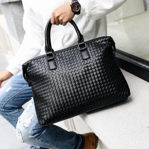 Luxury Design Business Mens Handbag Black Soft Leather Handmade Weaving Briefcase for Laptop Male Shoulder Tote Bag Trendy 2021