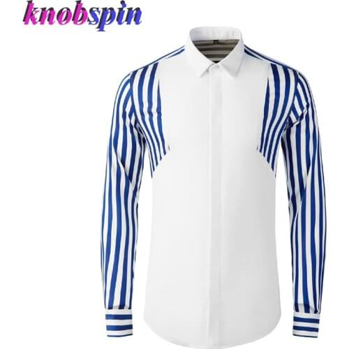 Luxury Patchwork Striped Long Sleeve Shirt Men Black White Slim Casual Chemise homme Brand Business Male Cotton Shirts Plus Size