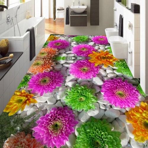 Custom Self-adhesive Floor Mural 3D Flowers Cobblestone Plants Floors Stickers Bathroom Living Room PVC Waterproof Wallpaper 3 D
