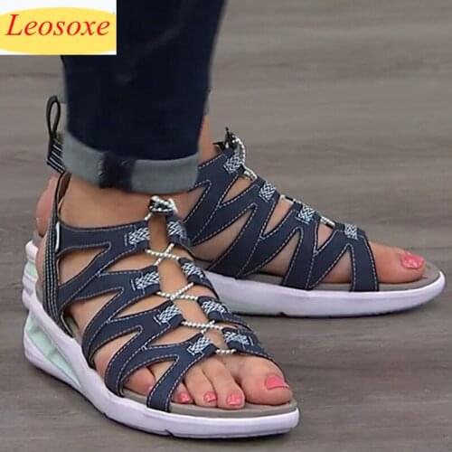 New Sandals Women Solid Color Round Open Toe Soft Wedge Drawstring Ladies Sandalias Summer Outdoor Beach Shoes Women Sandalias