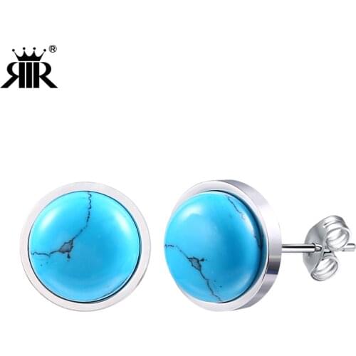 RIR Blue Stone Color Turquoises Slab Stud Earrings In Stainless Steel For Men and Women