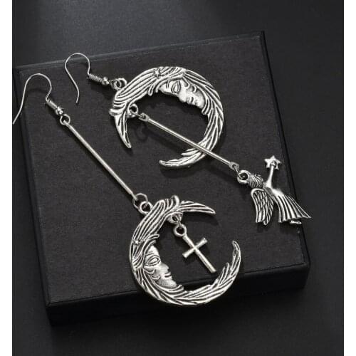 Punk Solid Color Metal Moon Cross Angel Asymmetric Drop Earrings Classic Christian Pendent Earrings for Women Girls Ear Jewelry