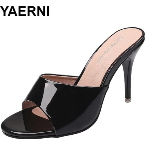 YAERNI patent leather women high heel mule shoes flip flop slipper peep toe casual ladies slip on slides comfortable shoes