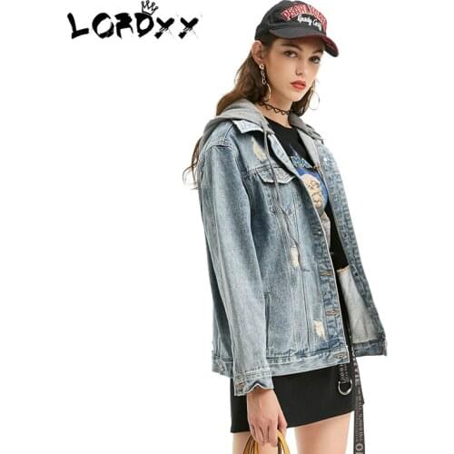 LORDXX Blue Denim jacket with hoodie Boyfriend single breasted Autumn Jean jacket oversize ripped women basic coat clothing