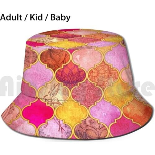 Hot Pink , Gold , Tangerine & Taupe Decorative Moroccan Tile Pattern Bucket Hat Adult kid baby Beach Sun Hats Moroccan Tile