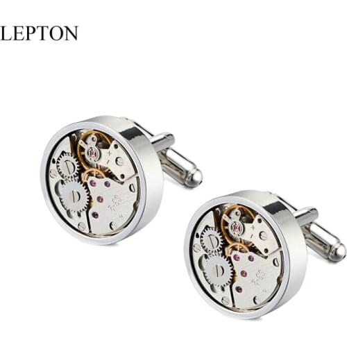 Lepton Watch Movement Cufflinks Wedding Groom Silver Color Round Steampunk Gear Watch Mechanism Cuff links for Mens Best Gift