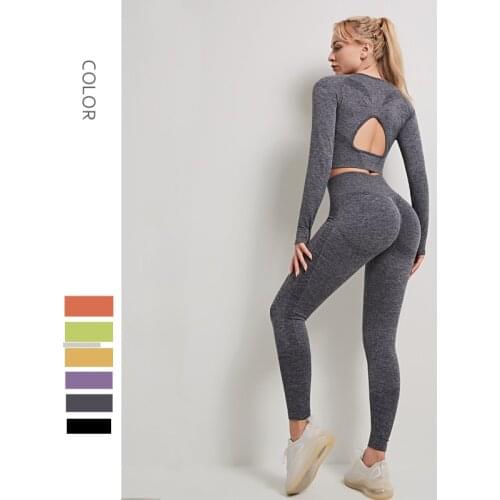 Women 2 Piece Seamless Yoga Sets Long Sleeve Crop Top+High Waist Leggings Workout Sportswear Gym Clothing Fitness Sports Suits