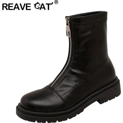 REAVE CAT Retro Gladiator Flats Women Shoes Front Zipper Flat Boots Girl High Quality Ankle boots Non-slip Spring autumn S2299