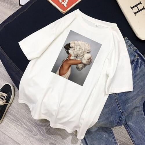 Women T-Shirts Sexy Flowers Feather Print Tshirt Women Summer Short Sleeve Shirt Harajuku Oversized Tops Female T-shirt Clothing