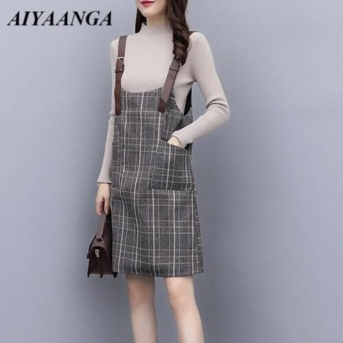 Strap Skirts Women Sets 2018 Autumn Winter Knitted Tops 2 Pieces For Women Elegant Slim Ladies Plaid Skirts Chic Casual