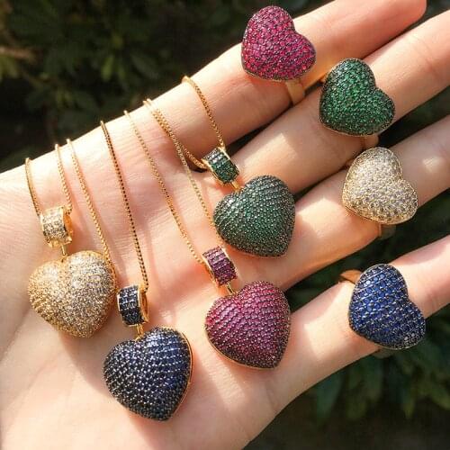 Funmode Creative Heart Shape Pendant Necklace Ring Sets Red Black Blue Green Cubic Zirconia Pave Jewelry Sets For Women FS09
