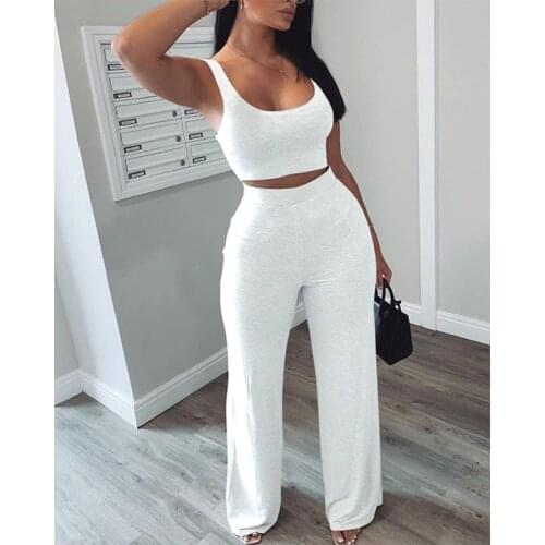 Women 2 Piece Tracksuit Sets Sleeveless U Neck Bodycon Tank Top + Long Pant Sport Outfits White/Red/Grey/Black/Blue