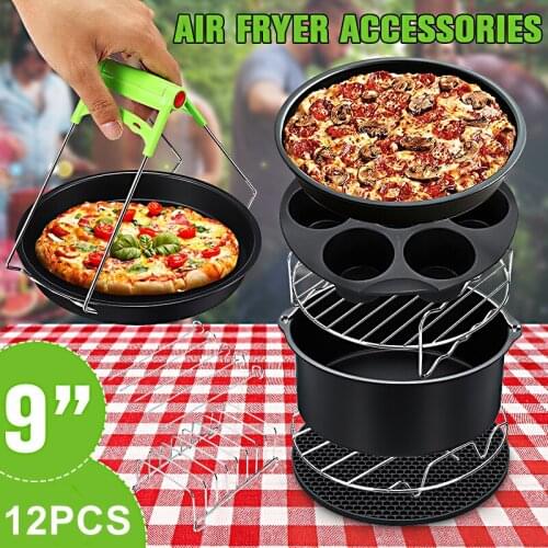 12Pcs 9 Inch Air Fryer Accessories Fit for Airfryer 5.2-6.8QT Baking Basket Pizza Plate Grill Pot Kitchen Cooking Tool for Party