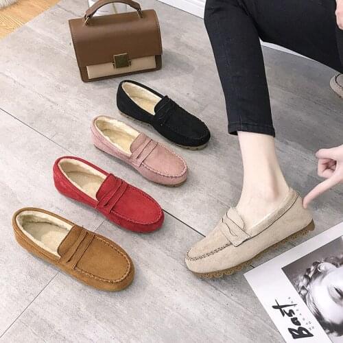 2021 winter bean shoes flat-soled cow rib soft bottom plus velvet cotton shoes pregnant women lazy mother shoes
