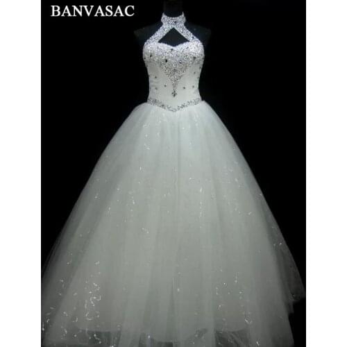 BANVASAC 2017 New Luxury Crystals Halter Wedding Dresses Sleeveless Satin Off the Shoulder Lace Bridal Ball Gowns