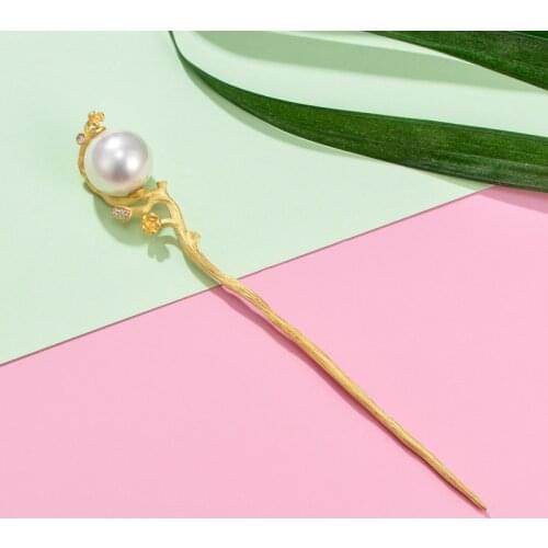 Women 925 Sterling Silver Pearl Hair Stick With Golden Plated Handmade Hairpin Luxury Jewelry