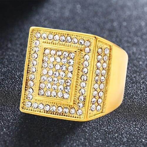 Stainless Steel Luxury Gold Color-Rhinestone Mens Rings Simple Trendy For Male Boyfriend Biker Jewelry Creativity Gift Wholesale