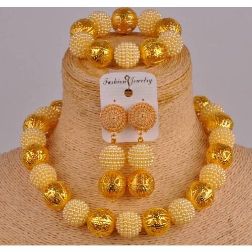 Costume necklace gold african set african jewelry set beige simulated pearl nigerian beads jewelry set ZZ12