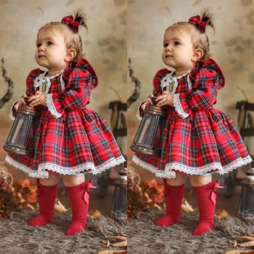 Fashion Christmas Toddler Infant Baby Girl Xmas Clothes Long Sleeve Lace Tutu A line Plaid Autumn Dress