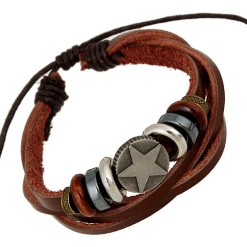 Fashion Star Beads Bracelet Vintage Brown Genuine Leather Retro Weave Charm Adjustable Wrap Bangle Wristband Hiphop Punk Jewelry