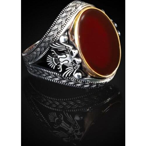 Oval Red AgateStone Double Eagle Ring for Men 925 Sterling Silver Collocation Fashion Natural Male Vintage Antiqe Jewelery Gift