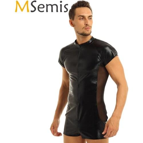 Mens Wetlook Patent Leather Bodysuit Sexy Side Sheer Mesh Front Zipper Jumpsuit Male Gay Latex Catsuit Homme Leotard Lingerie