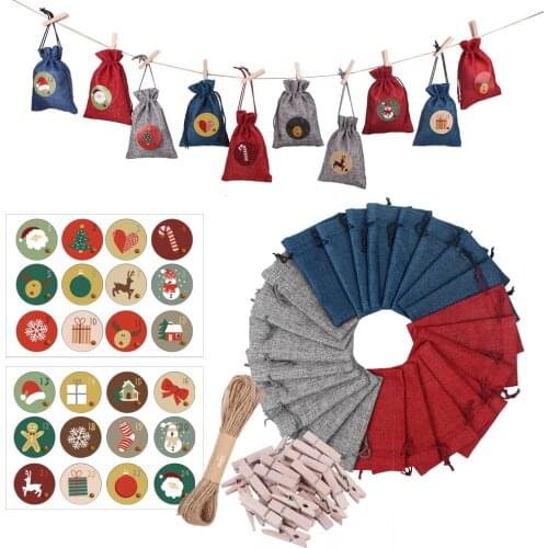 24 Days DIY Christmas Advent Calendar Countdown Bag Hanging Candy Gift Sacks Pouch With Clips Stickers Rope Home Christmas Decor