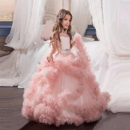 New Flower Girl Dresses Blush Pink First Communion Gowns For Girls Ball Gown Cloud Beaded Pageant Gowns Vestido De Daminha