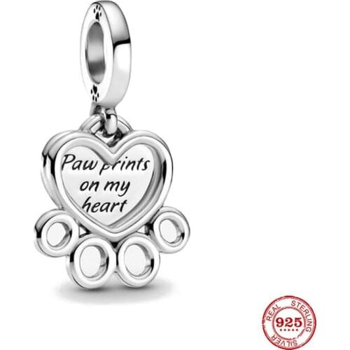 New Original Silver Color Hearts & Paw Print Dangle Diy Bead Fit European Pandora Charms Bracelet Bangles Diy Jewelry P385