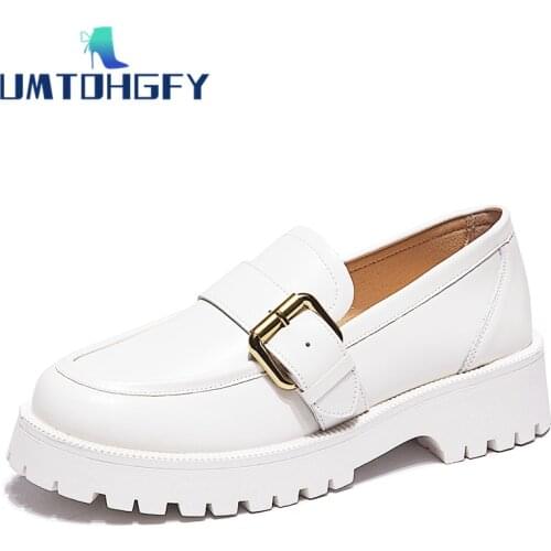 REVT Spring Genuel Leather Thick-Soled Female Girls Students Loafers Casual Shoes Lolita Rome All-Match Lazy Black White Shoes