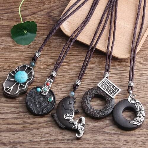 Handmade Vintage Irregular Ebony Pendant Necklaces Women Men Adjustable Ethnic Necklace Sweater Chain